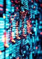 Computer screen with stock market data on display. Blurred background. Digital Matrix Code photo