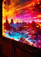 glitch digital image of Futuristic city on the display of a computer in the night. Digital Landscape photo