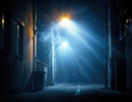 Street lamp in the fog at night. Street lights on the street. Dark Alleyway photo