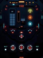 Cockpit of a spaceship with control panel and control buttons. Scifi Control Panel UI photo