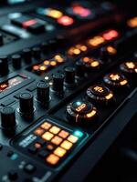 Close up of the control panel of a sound recording studio. Selective focus. Audio Mixing Console photo