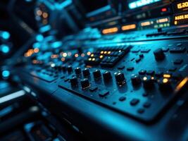 Close up of sound mixer control panel in a control room. Selective focus. Audio Mixing Console photo