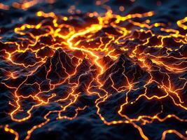 Abstract 3D illustration of a lava flow with a glowing effect. Lava Flowing Through Mountains photo