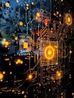 Digital background image with circuit board and electronic elements. 3d rendering. Circuit Board Technology photo