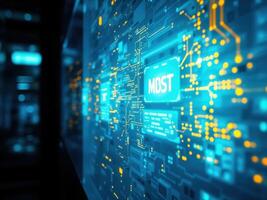 bits and bytes on a dark blue background, 3d rendering toned image. Digital Technology Network photo