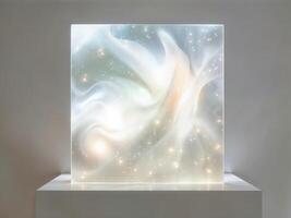 Glass showcase with abstract background, 3d render. Empty showcase for exhibit. Cosmic Flow photo
