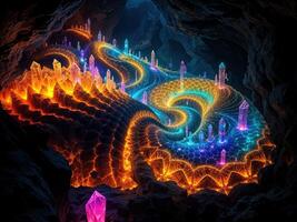 3D surreal illustration. Sacred geometry. Mysterious relaxation pattern. Fractal abstract texture. Crystal Caverns photo