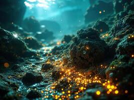 Futuristic abstract background with glowing particles. 3D Rendering. Enchanted Underwater Cave photo