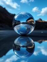 Reflection of the city in a glass ball. 3d rendering. City Reflection photo