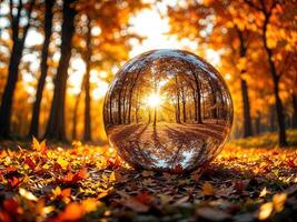 Crystal ball with autumn forest and sunbeams. Conceptual image. Autumn Reflection photo