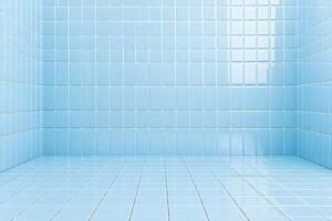 A bright, empty room with light blue tiled walls and floor, creating a clean and serene space. photo