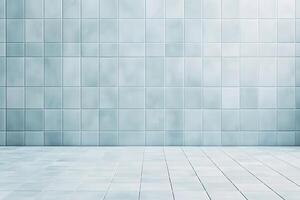 A clean, light blue tiled wall and floor creating a serene and minimalist space. photo