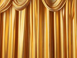 A set of luxurious golden curtains, draped elegantly for a theatrical or decorative purpose. photo