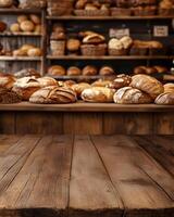 Wooden Table and Bakery Bread Display photo