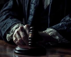 Judge's Hands on Gavel and Sound Block photo