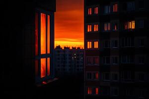 Sunset-Illuminated Window and Apartment Buildings at Dusk photo