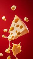 Swiss Cheese Wedge and Fragments in Motion Against Red Background photo