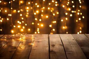 Wooden Table with String Lights and Bokeh Background photo