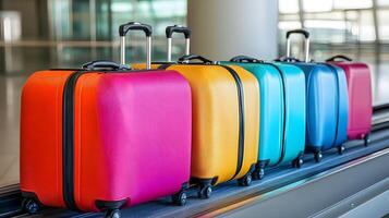 Five Colorful Suitcases on Airport Baggage Carousel photo