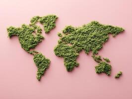 Artistic Representation of the World Map Using Lush Greenery on a Soft Pink Background photo
