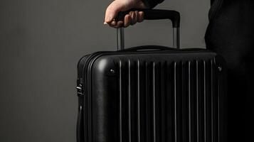 Black Hard-Shell Rolling Suitcase with Hand on Handle photo