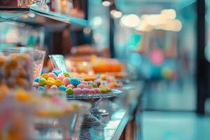 Assorted Candies Displayed in Glass Bowls and Jars within a Store photo