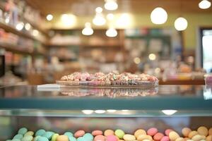 Bakery Display Case with Pastries and Macarons photo