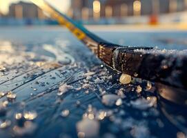 Close-Up of Hockey Stick on Icy Surface Surrounded by Sparkling Snowflakes in Winter Setting photo
