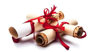 Beautifully Wrapped Scrolls with Red Ribbons and Decorative Elements on a White Background photo