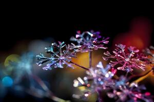 Iridescent Snowflake Ornaments Against Bokeh Lights photo