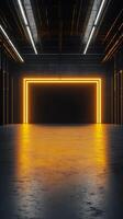Industrial Interior with Orange Neon Frame and Reflective Floor photo