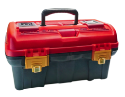 Durable red black plastic toolbox with gold latches. Perfect for DIY, repair, or organization visuals. Conveys preparedness, reliability, and problemsolving. png
