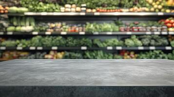 Grey Countertop with Blurred Produce Background photo