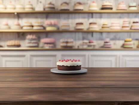 Chocolate Cake with Raspberry Icing on Wooden Table in Bakery Setting photo