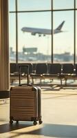 Carry-On Suitcase in Airport Terminal with Airplane in Background photo