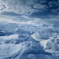 Antarctic Ice Field with Distant Mountains and Cloudy Sky photo