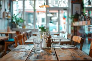 Cafe Table Setting with Rustic Wooden Table and Glassware photo