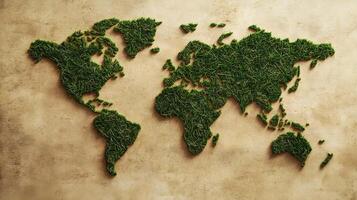 A Creative Representation of the World Map Made with Grass on a Textured Background photo