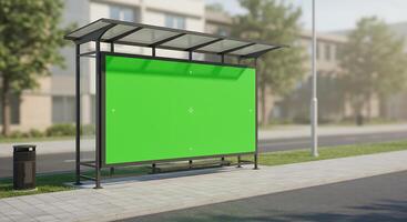 A green screen is sitting in front of a bus stop photo