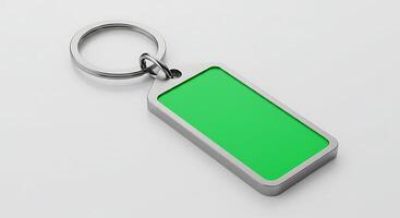 A green keychain with a rectangular frame photo