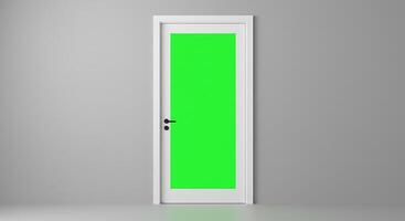 An open white door with a green screen in front of it photo