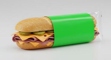 A sandwich with meat and cheese on a green wrapper photo