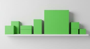 Green boxes on a shelf with a white background photo