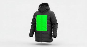 A black and green jacket with a green block on it photo