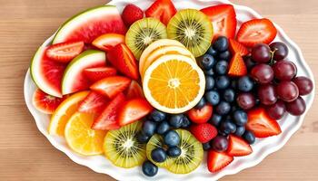 A plate of fruit is shown on a wooden table photo