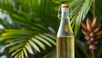 A bottle of coconut oil is sitting on a table photo