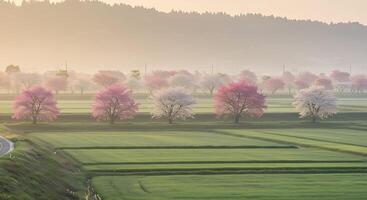 A road with trees in the foreground and a field of green grass photo