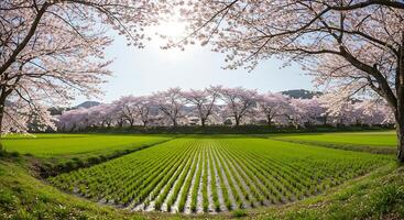 A field of green grass with trees in the background photo