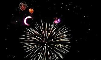 animated happy birthday text with neon light effect, festive background with fireworks light effect, 4k footage, generated by AI. video