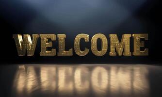 The word welcome is illuminated in gold letters on a dark background video
